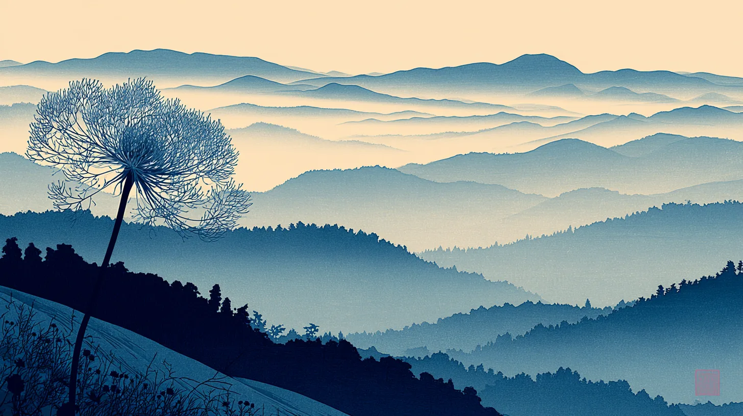 Rycina ukiyo-e przedstawiająca panoramę Beskidów o świcie
